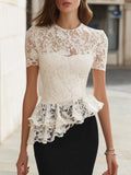Cream White Lace Peplum Top Asymmetric Hem