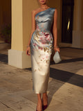 Elegant Satin One Shoulder Floral Print Midi Dress