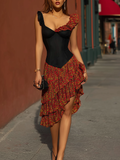 Black Corset Top And Red Floral Ruffled Skirt Set