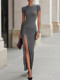 Grey Ruched Side Slit Maxi Dress